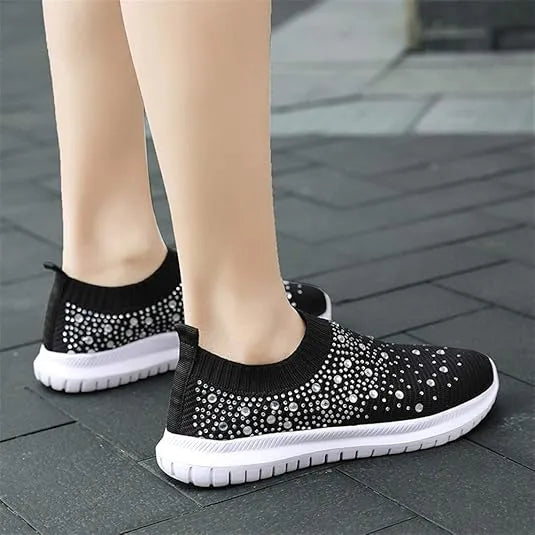 Women’s Rhinestone Mesh Slip-On Sneakers - Glitter Dance & Walking Sock Shoes