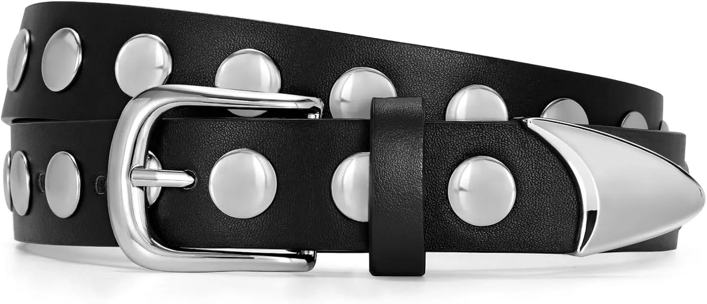 Women’s Studded Leather Belt - Punk Waist Belt with Gold Accents for Jeans, Pants, and Dresses