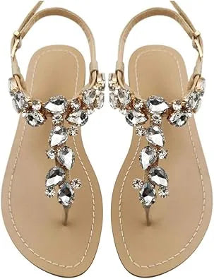 Women’s Rhinestone Flat Sandals - Sparkly Jeweled T-Strap Toe Ring Summer Beach Flip Flops