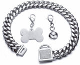 Dog Cuban Link Chain Choke Collar with CZ Buckle, ID Tag and Bell