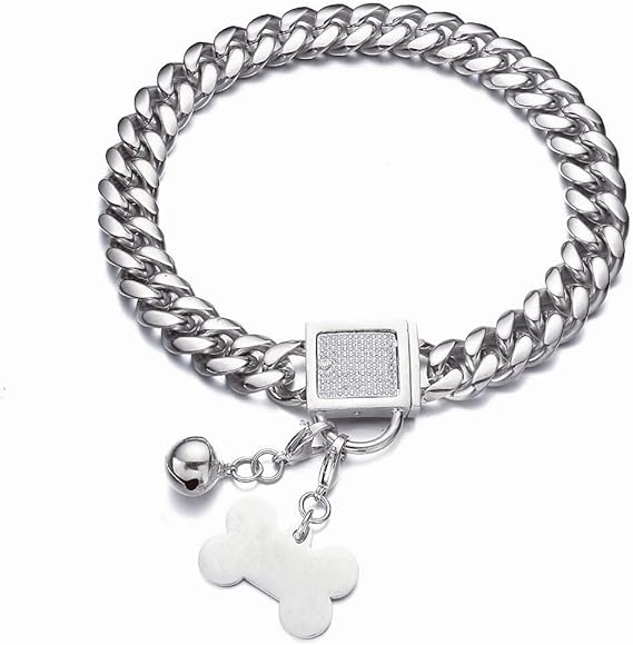 Dog Cuban Link Chain Choke Collar with CZ Buckle, ID Tag and Bell