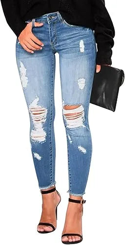Women’s Ripped Skinny Jeans - Mid Waist Distressed Stretch Denim Pants with Raw Tassel Hem