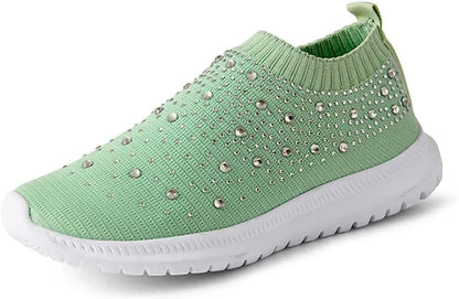 Women’s Rhinestone Mesh Slip-On Sneakers - Glitter Dance & Walking Sock Shoes