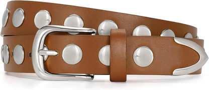 Women’s Studded Leather Belt - Punk Waist Belt with Gold Accents for Jeans, Pants, and Dresses