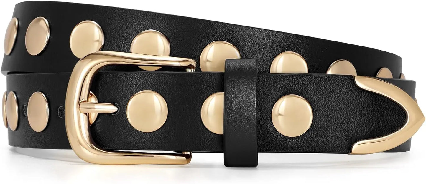 Women’s Studded Leather Belt - Punk Waist Belt with Gold Accents for Jeans, Pants, and Dresses