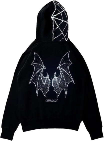 Womens Men Rhinestone Gothic Skull Spider Web Graphic Oversized Hoodies Jacket