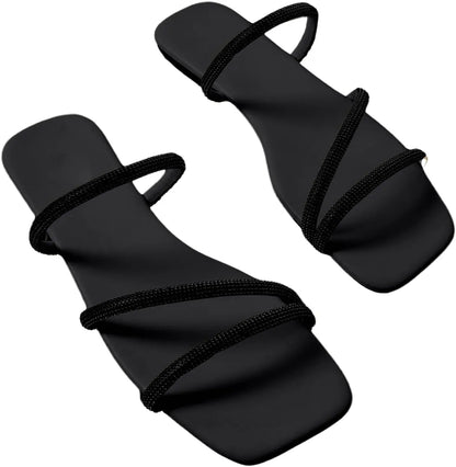Women’s Rhinestone Flat Sandals - Strappy Open Toe Flats for Summer & Dressy