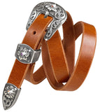 Western Rhinestone Crystal Antique Floral Engraved Buckle Genuine Full Grain Leather Casual Belt 3/4"(19mm) Wide