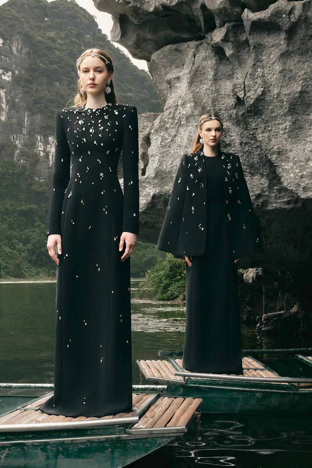 Rhinestone Diamond Beaded Maxi Dress - Stone Embellished Long Sleeve Dress