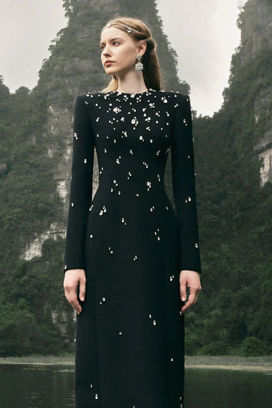 Rhinestone Diamond Beaded Maxi Dress - Stone Embellished Long Sleeve Dress