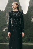 Rhinestone Diamond Beaded Maxi Dress - Stone Embellished Long Sleeve Dress