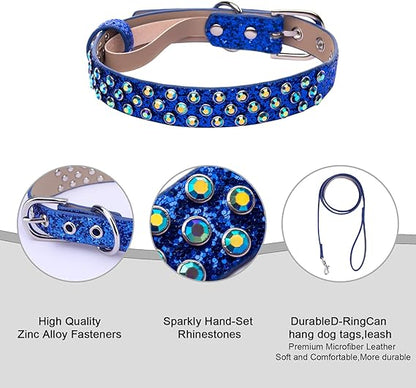 Microfiber Leather Spiked Bling Diamond Pet Collars with Adjustable Leash