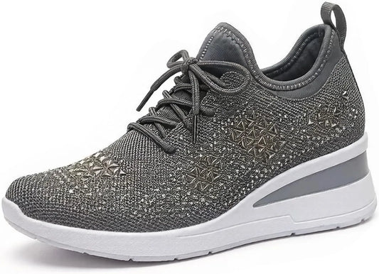 Women’s Rhinestone Wedge Sneakers - Breathable Knit Platform Walking Shoes
