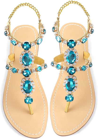 Women’s Rhinestone Gladiator Flat Sandals - Sparkly Crystal Bridal & Beach Wedding Sandals