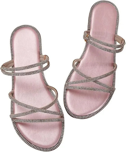 Women’s Rhinestone Strappy Flat Sandals - Sparkling Open Toe Summer Slides for Casual & Party Wear