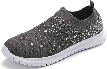 Women’s Rhinestone Mesh Slip-On Sneakers - Glitter Dance & Walking Sock Shoes