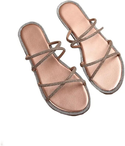 Women’s Rhinestone Strappy Flat Sandals - Sparkling Open Toe Summer Slides for Casual & Party Wear