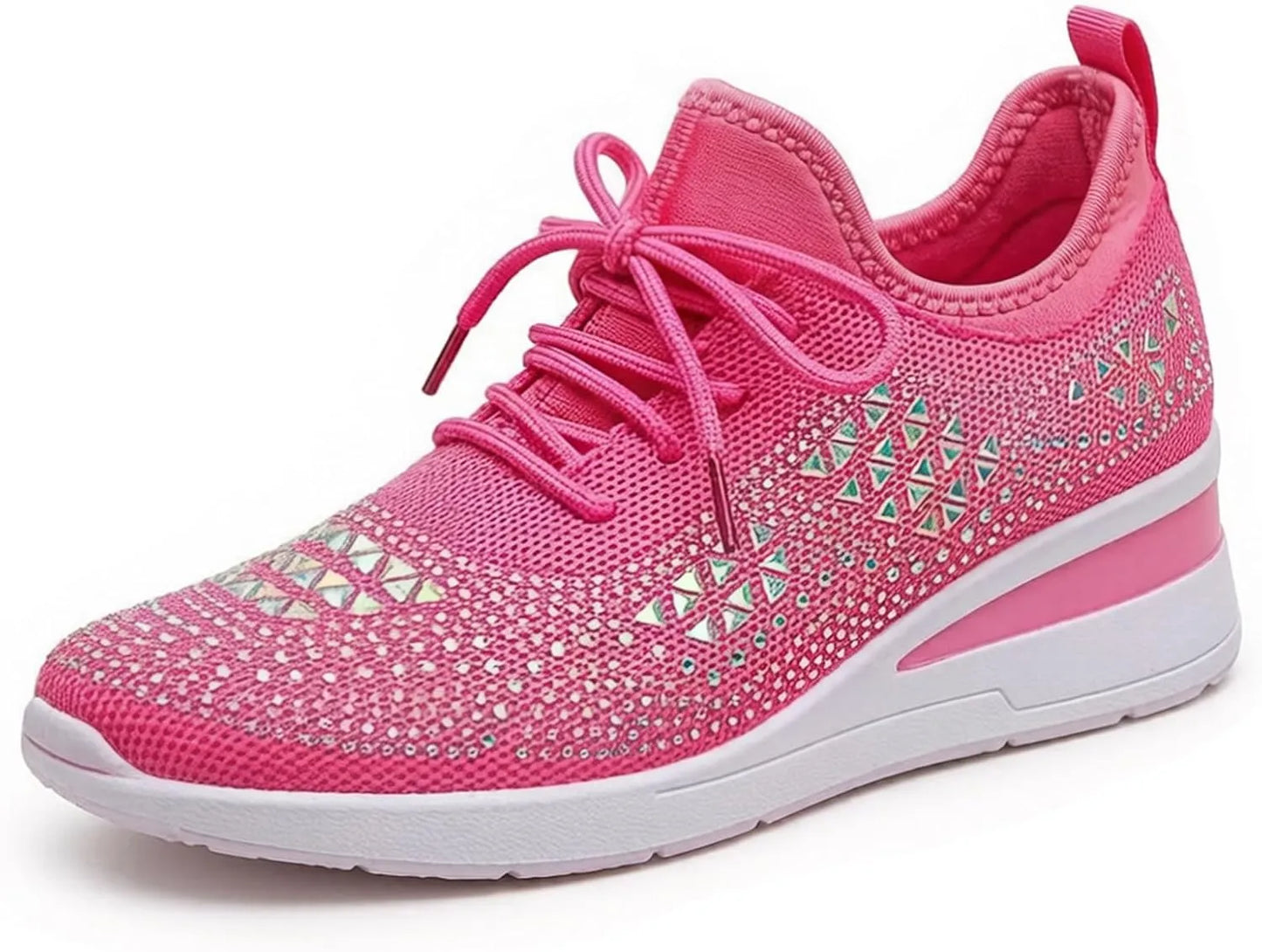 Women’s Rhinestone Wedge Sneakers - Breathable Knit Platform Walking Shoes