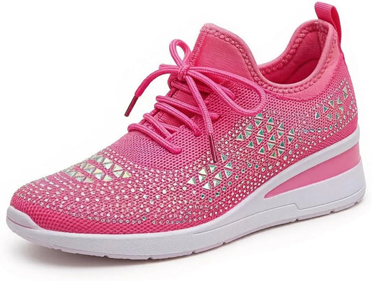 Women’s Rhinestone Wedge Sneakers - Breathable Knit Platform Walking Shoes