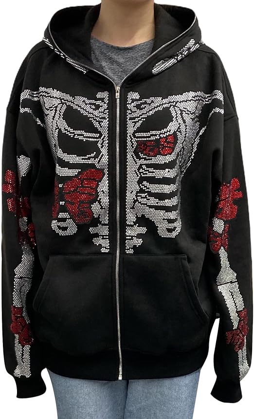 LisenraIn Unisex Men Women Zip Up Y2K Oversized Rhinestone Skeleton Jacket