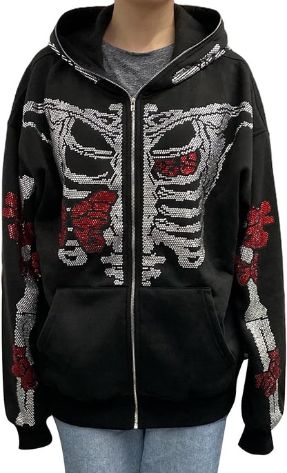 LisenraIn Unisex Men Women Zip Up Y2K Oversized Rhinestone Skeleton Jacket