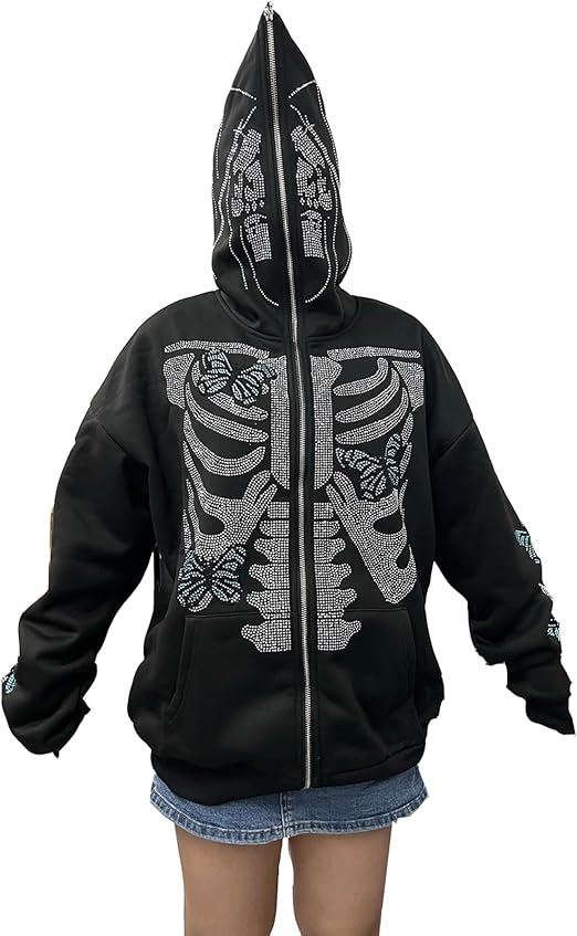 LisenraIn Unisex Men Women Zip Up Y2K Oversized Rhinestone Skeleton Jacket