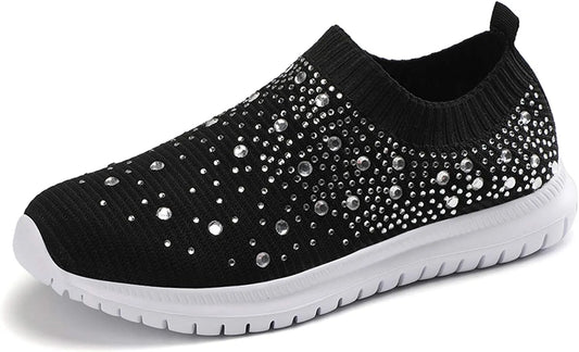 Women’s Rhinestone Mesh Slip-On Sneakers - Glitter Dance & Walking Sock Shoes