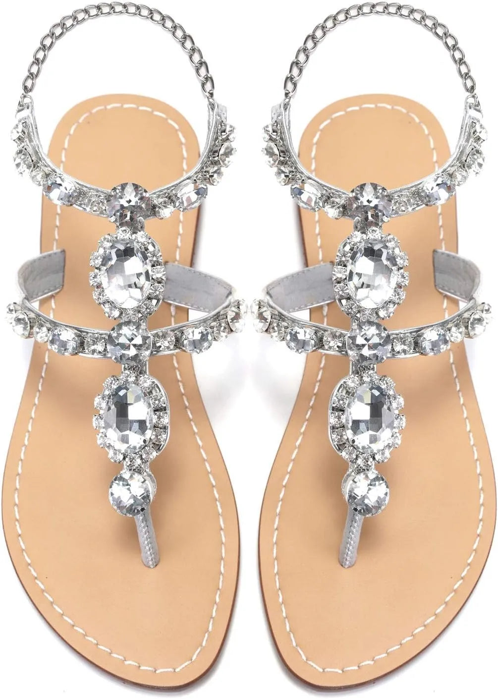 Women’s Rhinestone Gladiator Flat Sandals - Sparkly Crystal Bridal & Beach Wedding Sandals