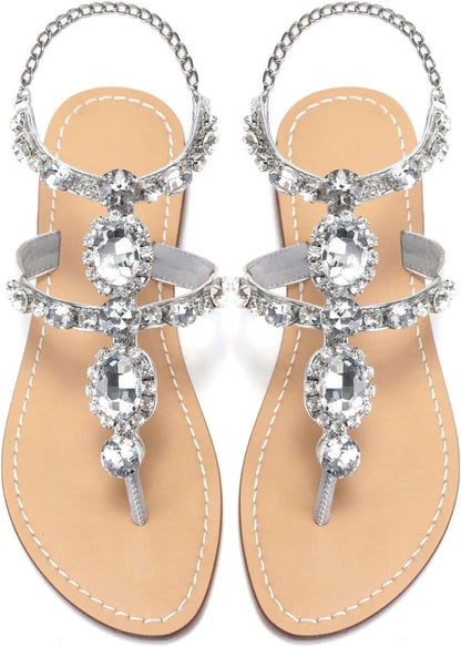 Women’s Rhinestone Gladiator Flat Sandals - Sparkly Crystal Bridal & Beach Wedding Sandals