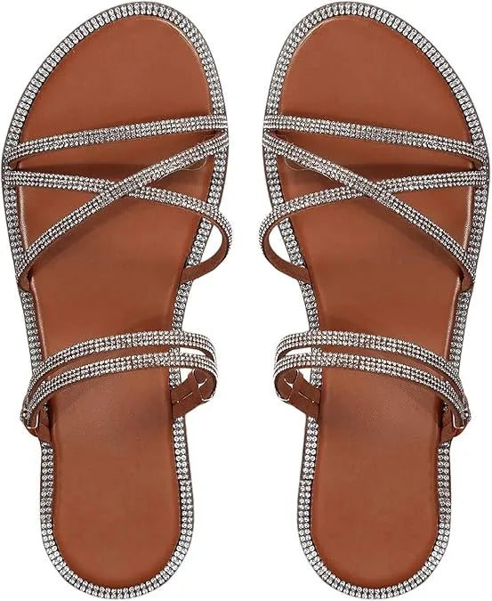 Women’s Rhinestone Strappy Flat Sandals - Sparkling Open Toe Summer Slides for Casual & Party Wear