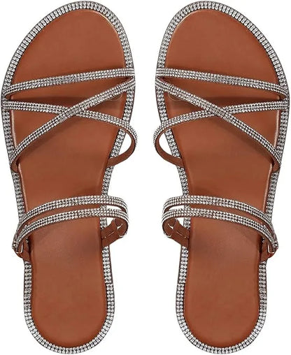 Women’s Rhinestone Strappy Flat Sandals - Sparkling Open Toe Summer Slides for Casual & Party Wear