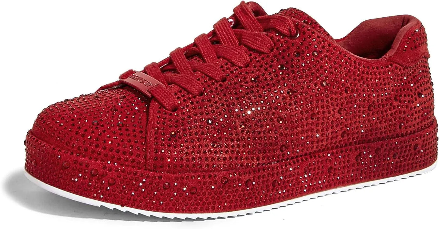 Women’s Rhinestone Tennis Shoes - Sparkly Bling Sneakers, Platform Glitter Lace-Up Casual & Bridal Shoes