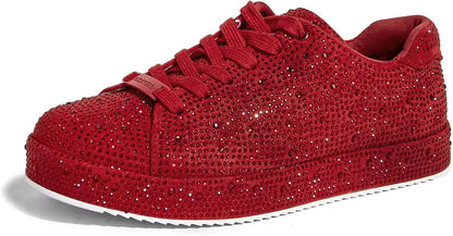 Women’s Rhinestone Tennis Shoes - Sparkly Bling Sneakers, Platform Glitter Lace-Up Casual & Bridal Shoes