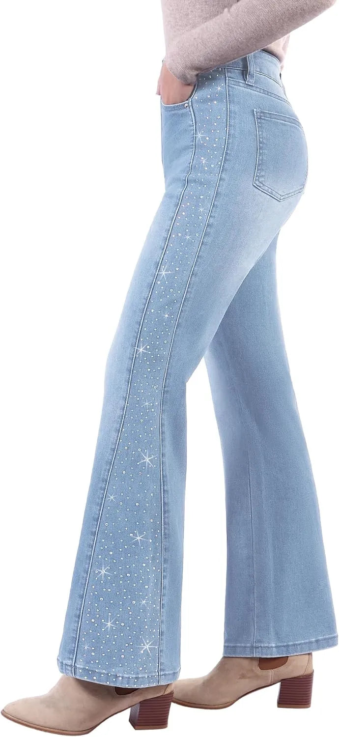 Rhinestone Bootcut Jeans for Women - High Waist Wide Leg Sparkly Denim Pants