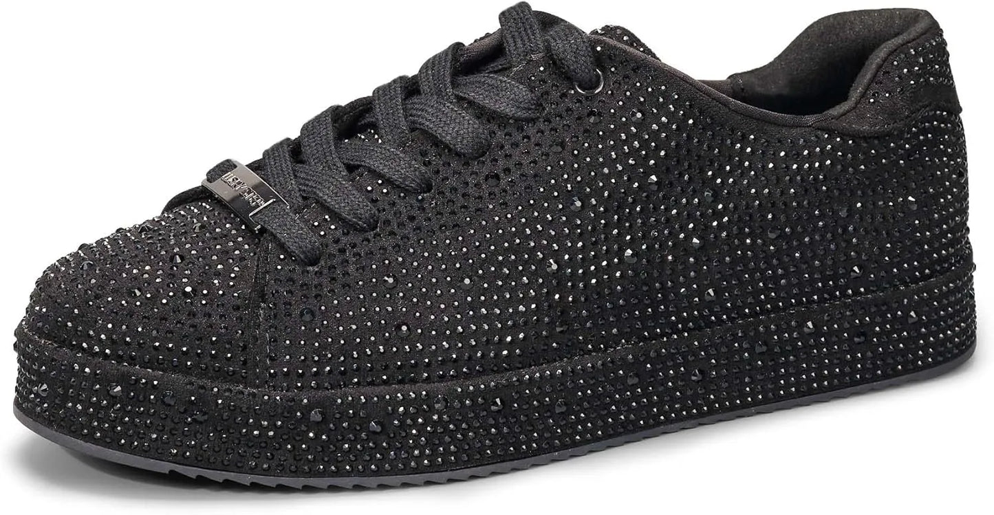 Women’s Rhinestone Tennis Shoes - Sparkly Bling Sneakers, Platform Glitter Lace-Up Casual & Bridal Shoes