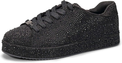 Women’s Rhinestone Tennis Shoes - Sparkly Bling Sneakers, Platform Glitter Lace-Up Casual & Bridal Shoes