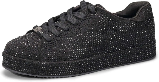 Women’s Rhinestone Tennis Shoes - Sparkly Bling Sneakers, Platform Glitter Lace-Up Casual & Bridal Shoes