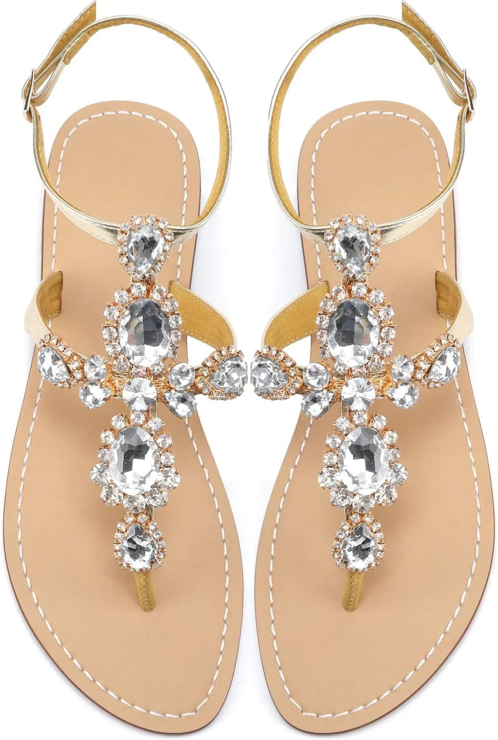Women’s Rhinestone Gladiator Flat Sandals - Sparkly Crystal Bridal & Beach Wedding Sandals