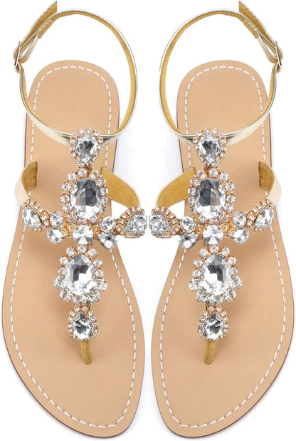 Women’s Rhinestone Gladiator Flat Sandals - Sparkly Crystal Bridal & Beach Wedding Sandals
