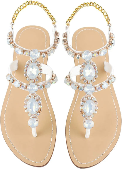 Women’s Rhinestone Gladiator Flat Sandals - Sparkly Crystal Bridal & Beach Wedding Sandals