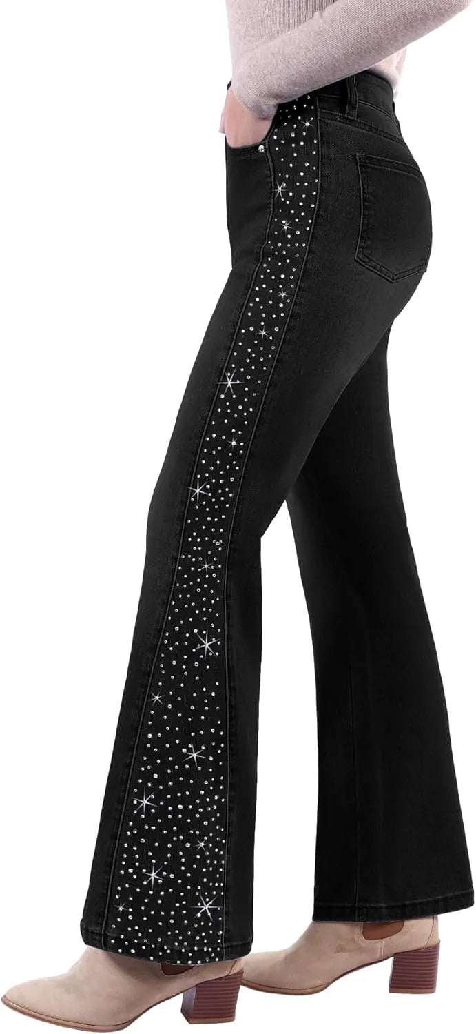 Rhinestone Bootcut Jeans for Women - High Waist Wide Leg Sparkly Denim Pants