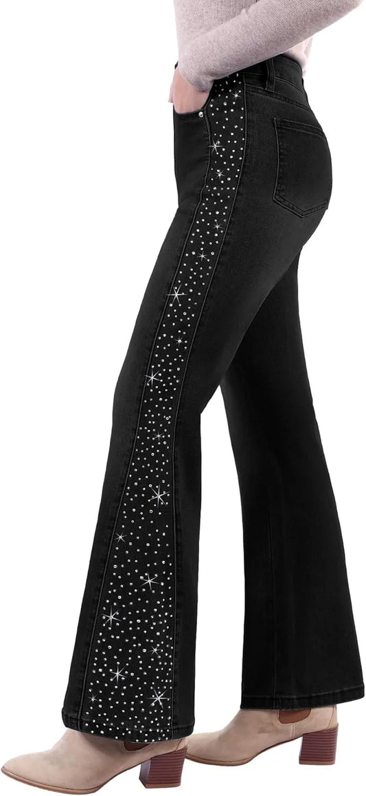 Rhinestone Bootcut Jeans for Women - High Waist Wide Leg Sparkly Denim Pants