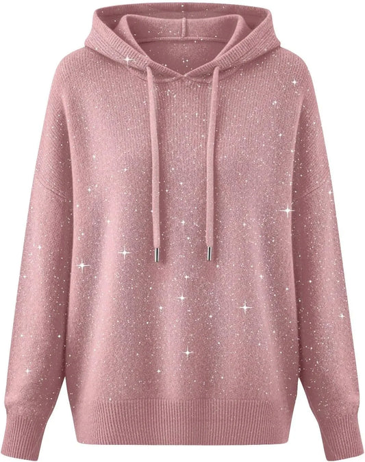 Bling Sequin Hoodie Sweater for Women - Sparkly Glitter Pullover Knit Hoodie Long Sleeve Casual Holiday Sweater Top