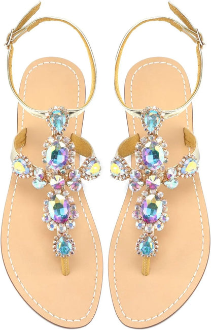 Women’s Rhinestone Gladiator Flat Sandals - Sparkly Crystal Bridal & Beach Wedding Sandals