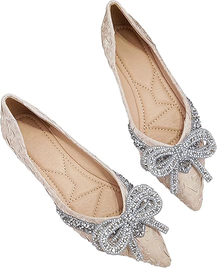 Bow-Knot Rhinestone Ballet Flats for Women - Elegant Pointed Toe Dress Flats with Sparkly Crystal Detail