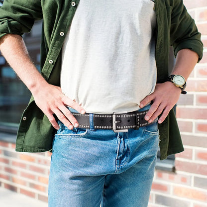 Wide Black Studded Leather Belt - Punk Rock Rivet Waist Belt for Jeans & Streetwear
