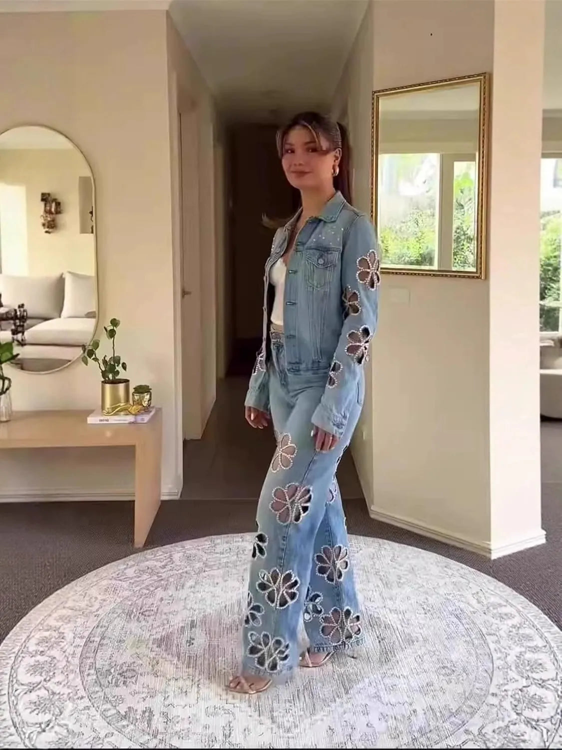 Y2K Rhinestone Denim Jacket & Pants Set for Women - Sparkly Two-Piece Streetwear Outfit