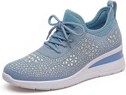 Women’s Rhinestone Wedge Sneakers - Breathable Knit Platform Walking Shoes