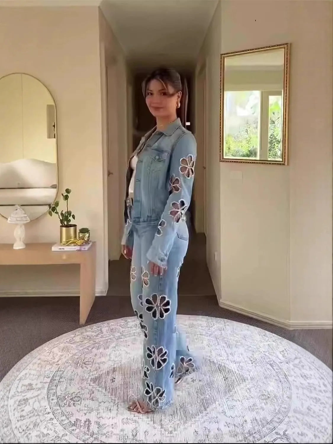 Y2K Rhinestone Denim Jacket & Pants Set for Women - Sparkly Two-Piece Streetwear Outfit