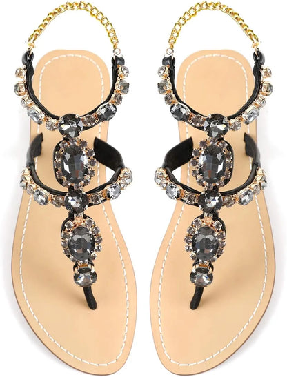 Women’s Rhinestone Gladiator Flat Sandals - Sparkly Crystal Bridal & Beach Wedding Sandals